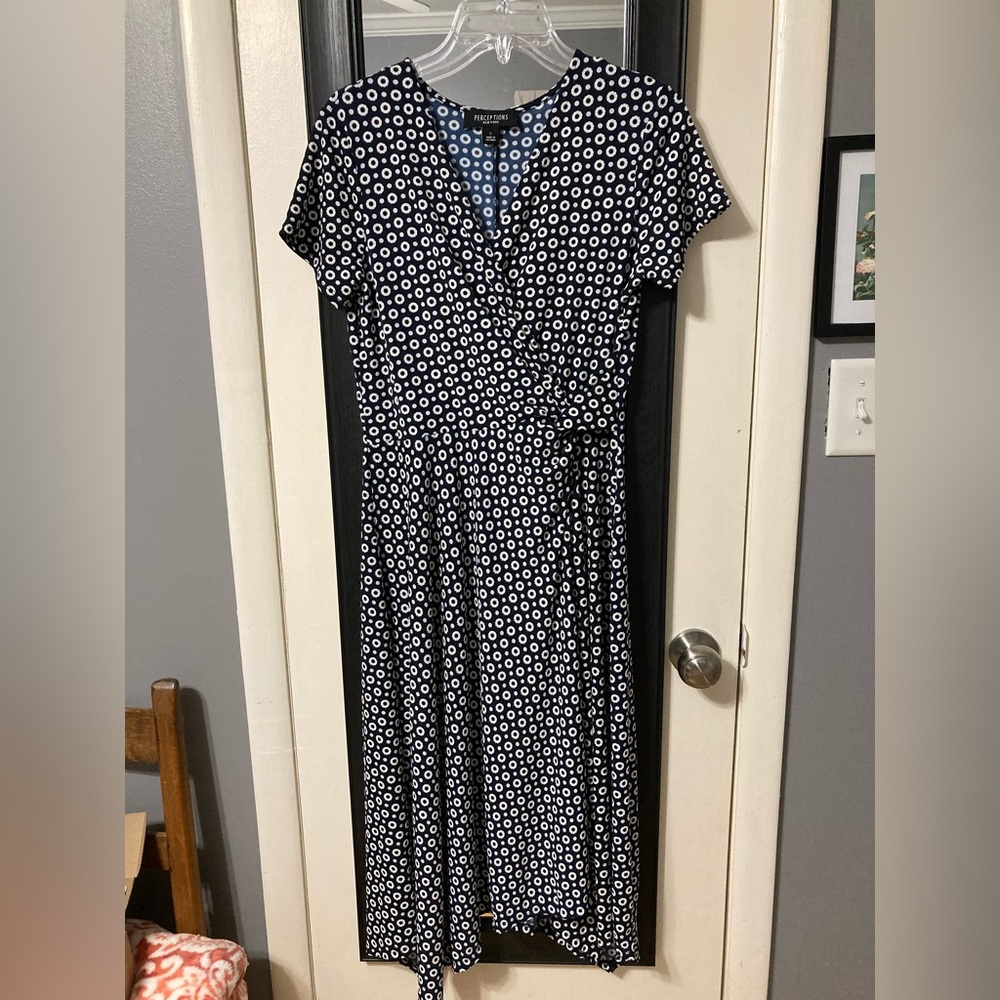Perceptions navy and white polka dot wrap dress in size small.